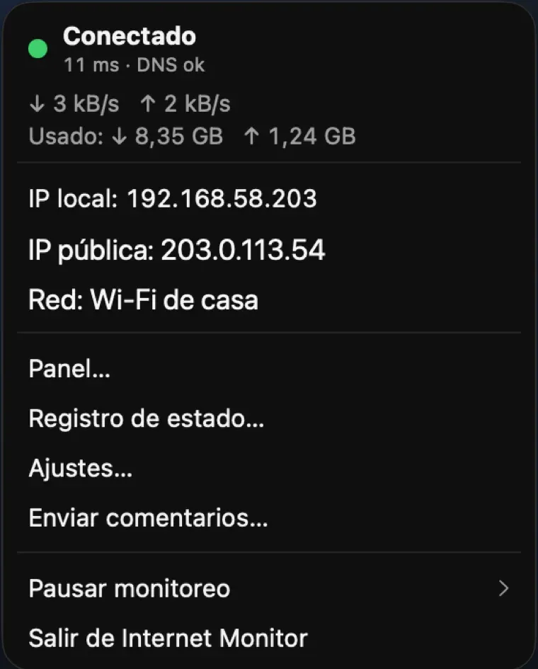 Panel de la barra de menús con el estado de la conexión, ancho de banda, IPs y el nombre de la red actual