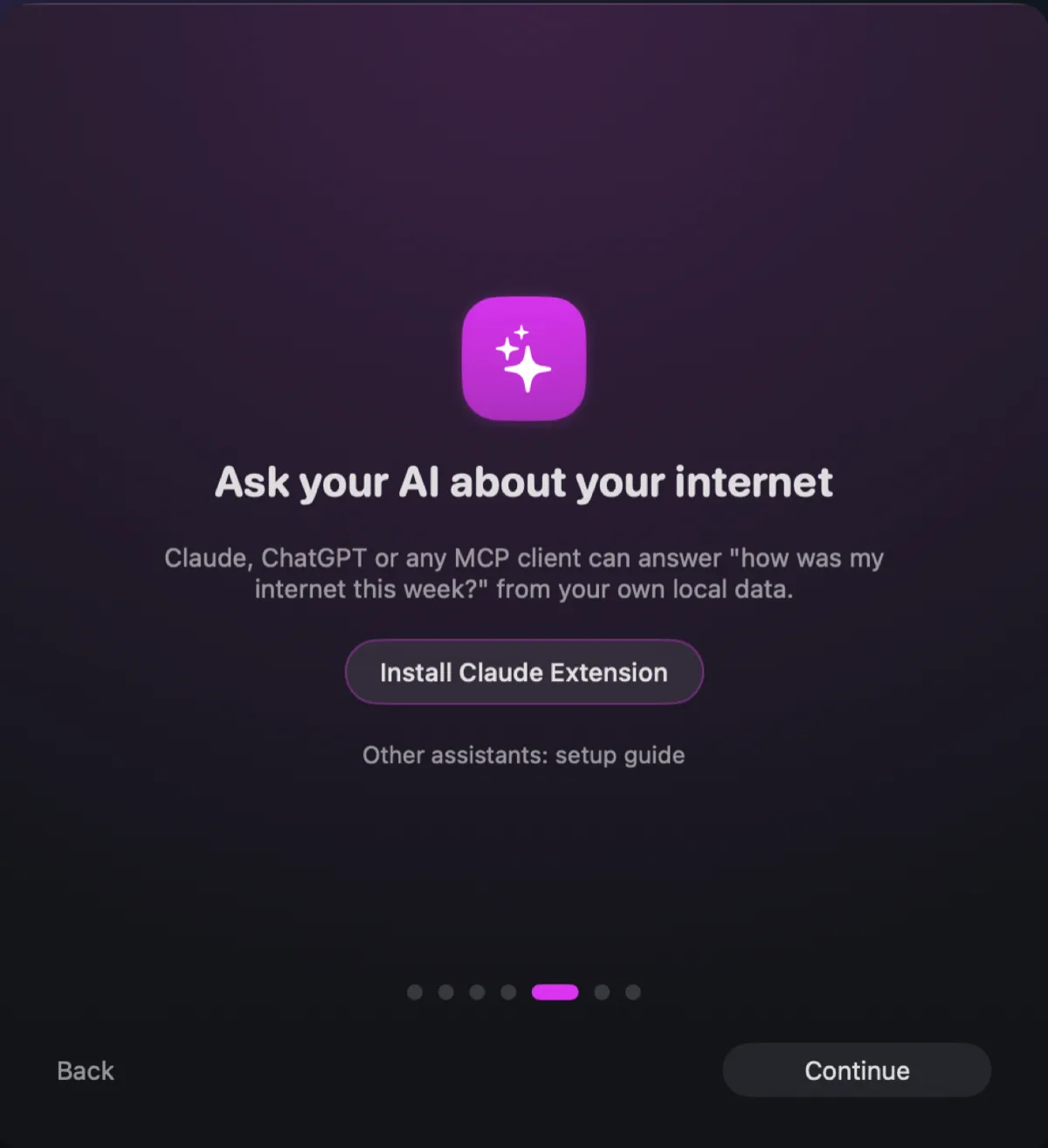 Onboarding screen: ask your AI about your internet, with an Install Claude Extension button