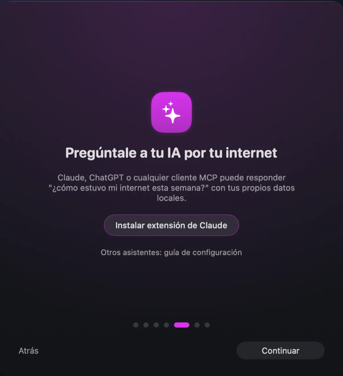Pantalla de bienvenida: pregúntale a tu IA por tu internet, con un botón para instalar la extensión de Claude