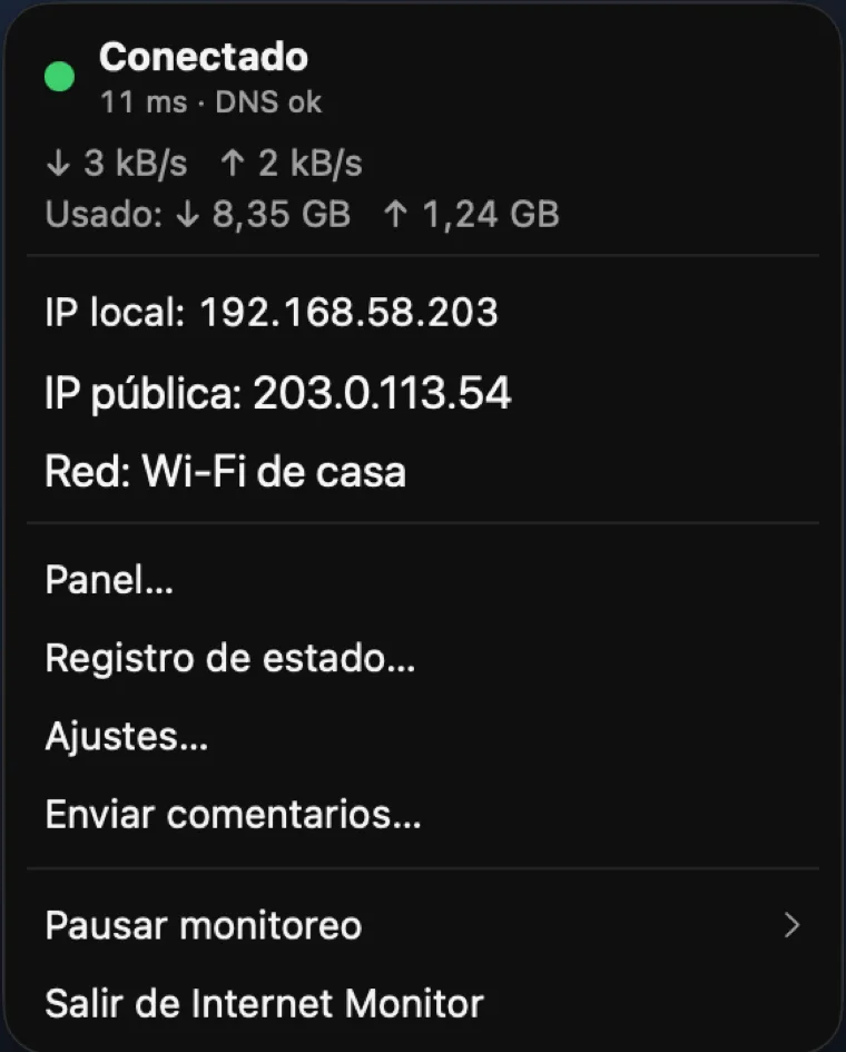 Panel de la barra de menús con el estado de la conexión, ancho de banda, IPs y el nombre de la red actual